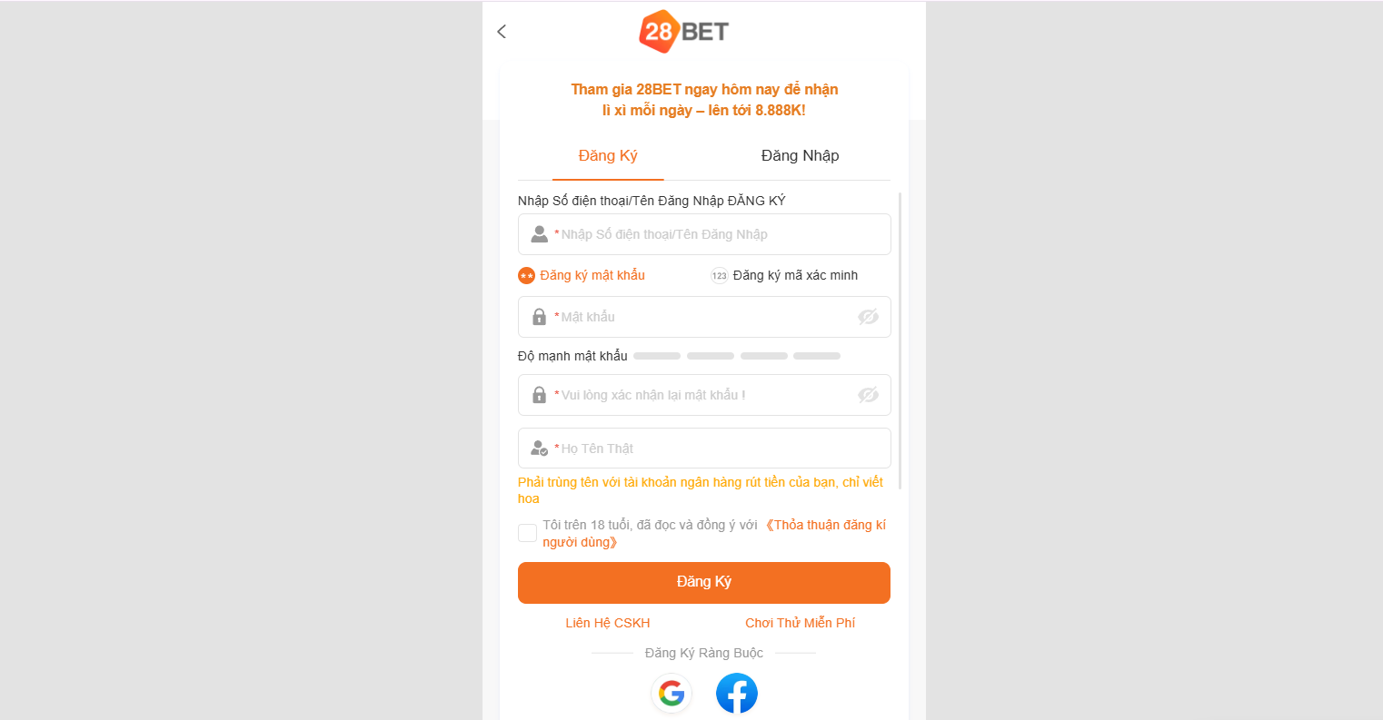 Biểu mẫu điền thông tin người dùng khi đăng ký trở thành hội viên 28BET